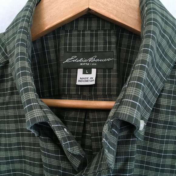 Eddie Bauer Mens Green Plaid Long Sleeve Collared Button Up Shirt Size Large - Picture 6 of 9